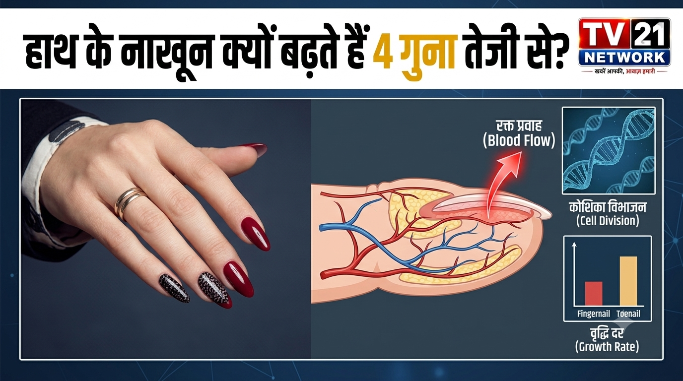 हाथों की अंगुलियों में बेहतर रक्त संचार के कारण नाखून तेजी से बढ़ते हैं।